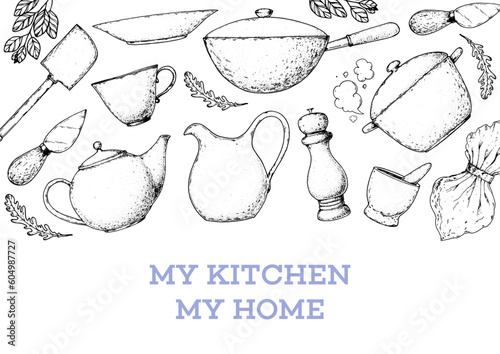 Kitchenware frame. Kitchen utensils sketch. Hand drawn vector illustration. Knife, spatula, spice grinder, stewpot, cups, plates, napkin, kettle