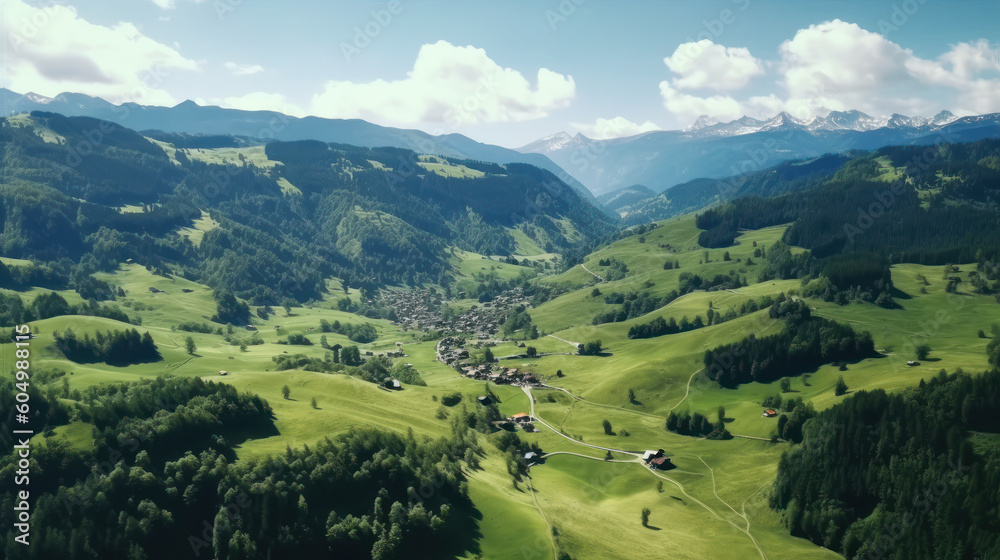 Alpine Serenity: A Breathtaking Aerial Perspective of Bavarian Pastoral Beauty. Generative AI