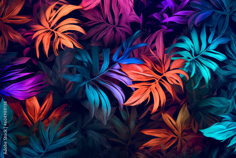 Tropical leaves in blue and purple on a black background, in the style of lo-fi aesthetics. Generative Ai Illustration.

