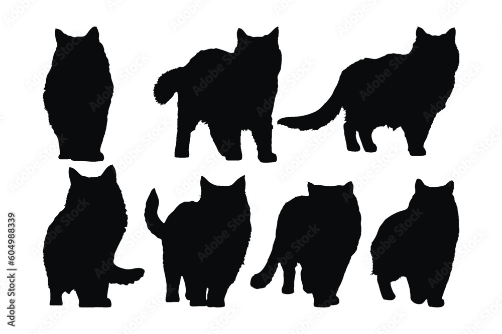 Feline standing silhouette set vector. Cute cat walking silhouette bundle design. Cute home cat vector design on a white background. Domestic cat in different positions silhouette collection.