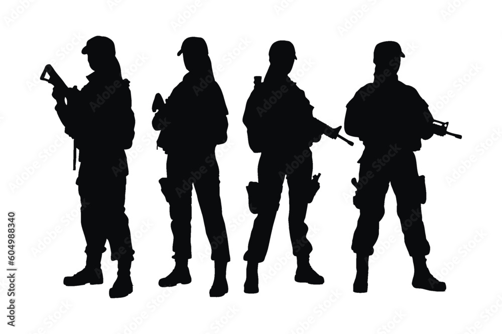 Female army soldiers standing with weapons silhouette set vector. Anonymous female infantry without faces standing in different positions. Modern girl soldiers silhouette bundle design.
