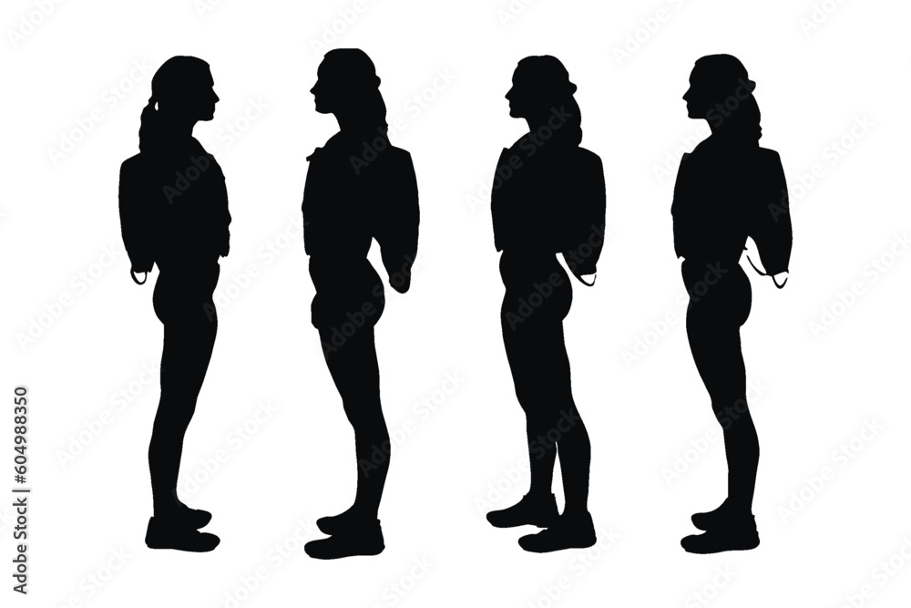 Female lifeguards with muscular bodies silhouette set vector. Anonymous beach lifeguard woman without faces standing in different positions. Modern girl lifeguards wearing uniforms silhouette bundles.