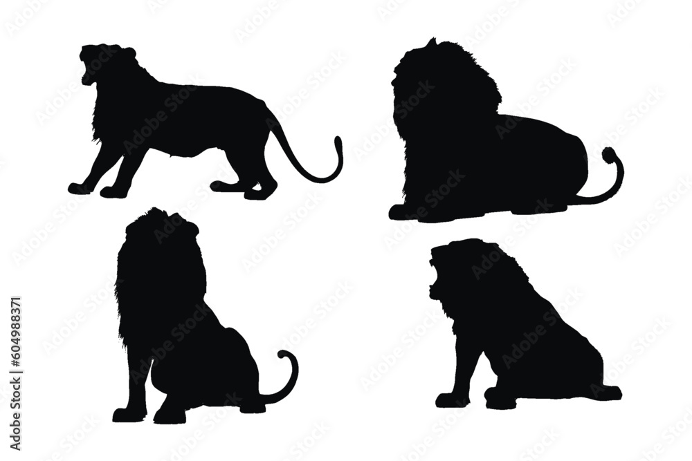 Obraz premium Lion roaring silhouette vector on a white background. Wild lion silhouette set vector. Male lion silhouette bundle design. Carnivore animals sitting in different positions silhouette collection.