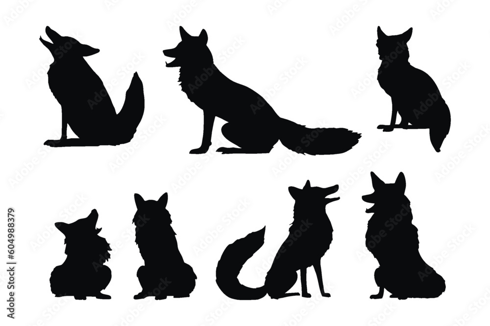 Wild foxes vector design on a white background. Foxes walking silhouette bundle design. Wild jackal sitting silhouette set vector. small predator standing in different positions silhouette collection.
