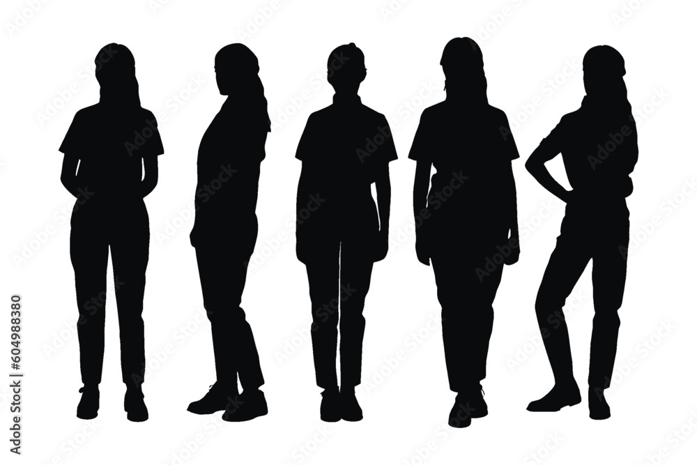Female hairdresser and salon employee silhouette set vector on a white background. Girl model silhouette set vector. Women standing in different positions. Female salon workers with anonymous faces.