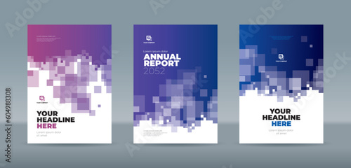 Random transparent squares on purple and blue gradation background, book cover template