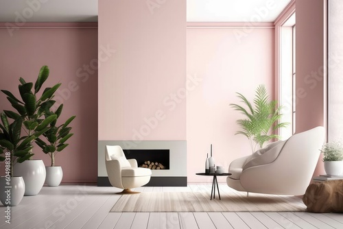 Stylish living room interior design  pink soft chair  plants and fireplace . AI Generated Generative AI