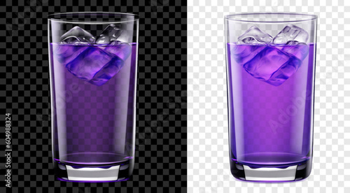 Translucent tall glass of purple cocktail with ice cubes. Two options, for dark and light background. Transparency only in vector format