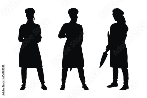 Female butcher standing with knives silhouette set vector. Anonymous female meat cutters without faces standing in different positions. Modern girl butcher and model silhouette bundle design.