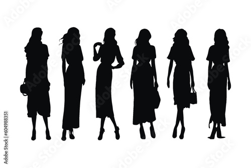 Female fashion designers standing in different poses silhouette set vector. Anonymous female model without faces standing in different positions. Modern actor and model silhouette bundle design.