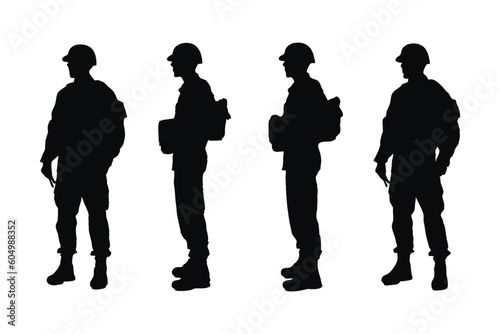 Male soldier standing with weapons silhouette set vector. Anonymous male armies without faces standing in different positions. Modern infantry soldiers wearing uniform silhouette bundle design.