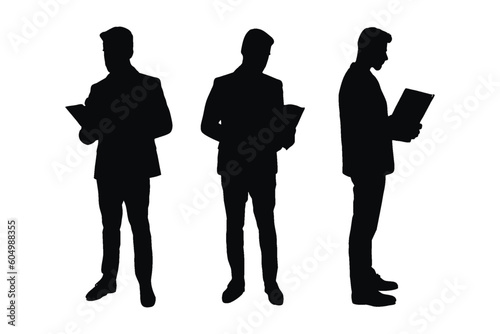 Male lawyer wearing suits and standing silhouette set vector. Anonymous male lawyers without faces standing in different positions. Modern counselors wearing suits silhouette bundles.