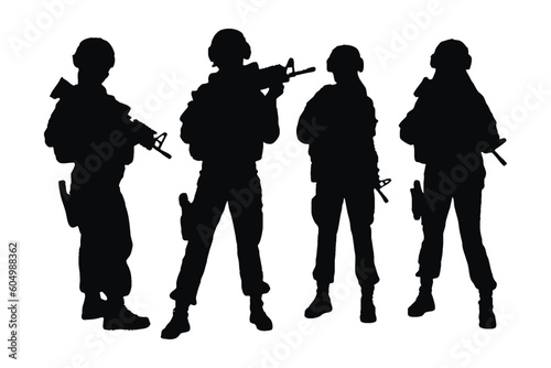 Female soldiers standing with assault rifles silhouette collection. Anonymous girl infantry and military silhouette set vector. Female army models with anonymous faces silhouette bundle.