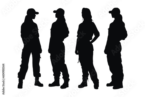 Female plumber standing and wearing uniforms silhouette collection. Woman construction worker and plumber silhouette set vector. Female Plumber model with anonymous faces silhouette bundle.