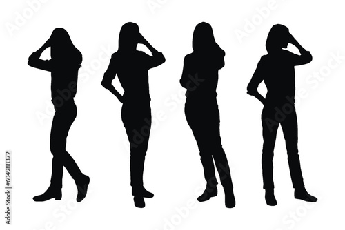 Female actresses wearing fashion uniforms and standing silhouette collections. Anonymous girl model and actor silhouette set vector. Female fashion models with anonymous faces silhouette.