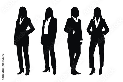 Female lawyers standing and wearing uniforms silhouette collection. Anonymous woman counselor and lawyer silhouette set vector. Female lawyer models with anonymous faces silhouette bundle.