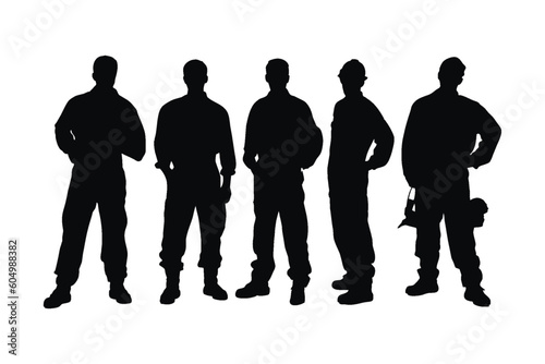 Male plumbers wearing uniforms silhouette set vector on a white background. Plumber Man standing in different position silhouette collection. Handyman and plumbing service workers with anonymous faces