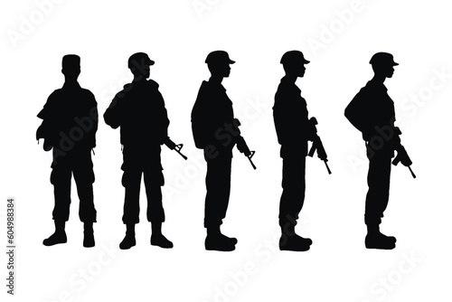 Modern army soldiers standing with assault rifles and tactical gear silhouette collection. Infantry army and special forces silhouette set vector. Male soldiers with anonymous faces silhouette bundle.