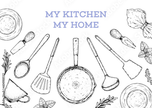 Kitchen, utensil, kitchenware sketch. Hand drawn sketches. Vector illustration. Spatula, ladle, pan, cheese knife, napkin hand drawing illustration.