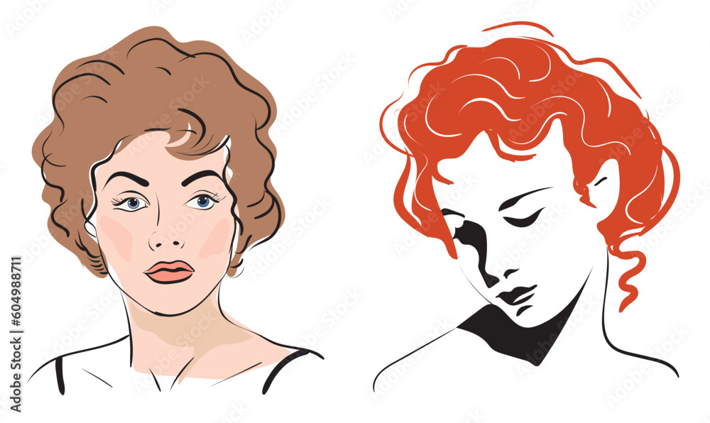 Set of two beautiful different girls. One with brown hair, the other with red hair. Vector image made in various techniques. Set of two beautiful different girls. One with brown hair, the other with red hair. Vector image made in various techniques.