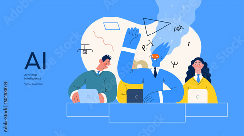 Artificial intelligence illustration. Studies -modern flat vector concept illustration of a group of students in the class. AI metaphor, advantage, superiority and dominance concept