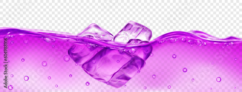 Translucent purple ice cubes floating in water with air bubbles, isolated on transparent background. Transparency only in vector format