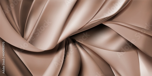 Background of brown pieces of fabric, leather or silk ribbons. Cloth with folds.
