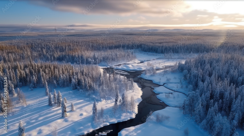 Winter's Whisper: A Captivating Aerial Encounter with Finland's Sparse Forest. Generative AI