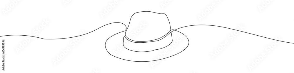 Hat line drawn continuous icon. Black gentleman hat vector icon. One line drawn hat icon. Linear design of a gentleman's hat. Hat line drawn continuous icon. Black gentleman hat vector icon. One line drawn hat icon. Linear design of a gentleman's hat.