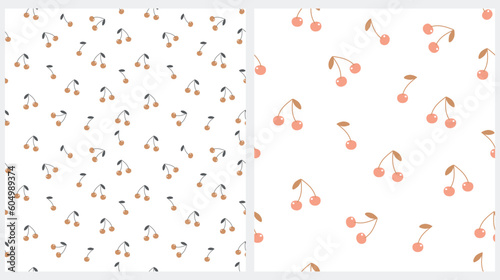 Cute Fruits Seamless Vector Patterns. Red and Light Brown Cherries Isolated on a White Background. Lovely Nursery Art Ideal for Fabric, Textile, Wrapping Paper. Funny Fruits Print.