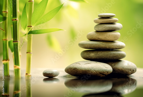 Stacked stones and leaves with bamboo background, Generative Ai Illustration. 

