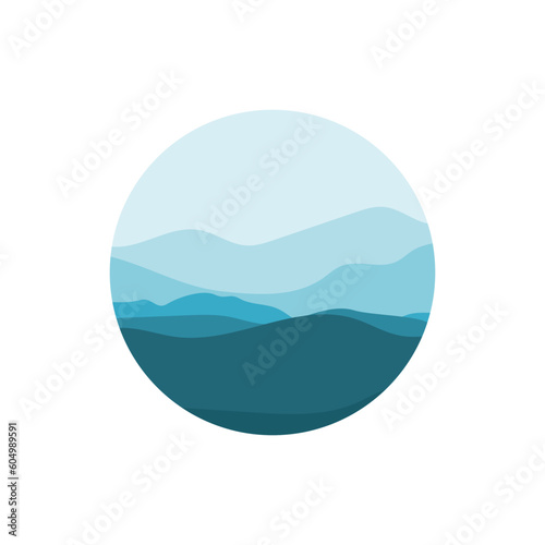 Blue mountains landscape in circle form. Minimal Design Misty or smoky blue mountains. Template for symbol, logo, sign or icon. Vector illustration