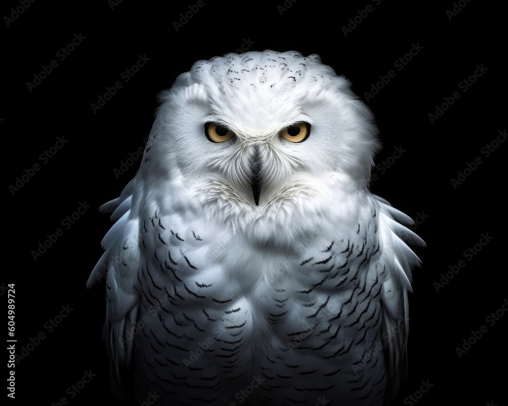 Fototapeta premium A white owl portrait against black. (Generative AI)