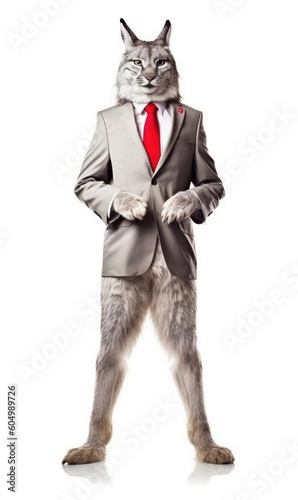 Canada Lynx dressed in a suit like a businessman  isolated on white  generative AI 
