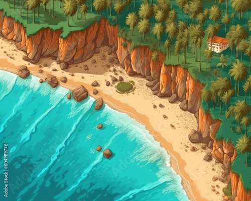 Coastal cliffs  turquoise waters  sandy beaches and palm trees. Generative AI