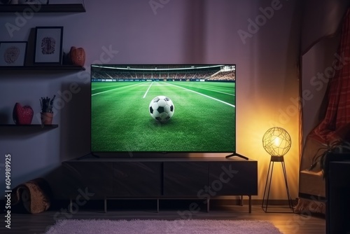 Shot of a TV with Soccer Match. Cozy Evening Living Room with a Chair and Lamps Turned On at Home