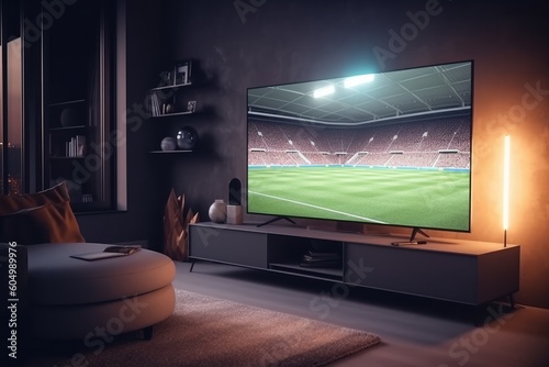 Shot of a TV with Soccer Match. Cozy Evening Living Room with a Chair and Lamps Turned On at Home