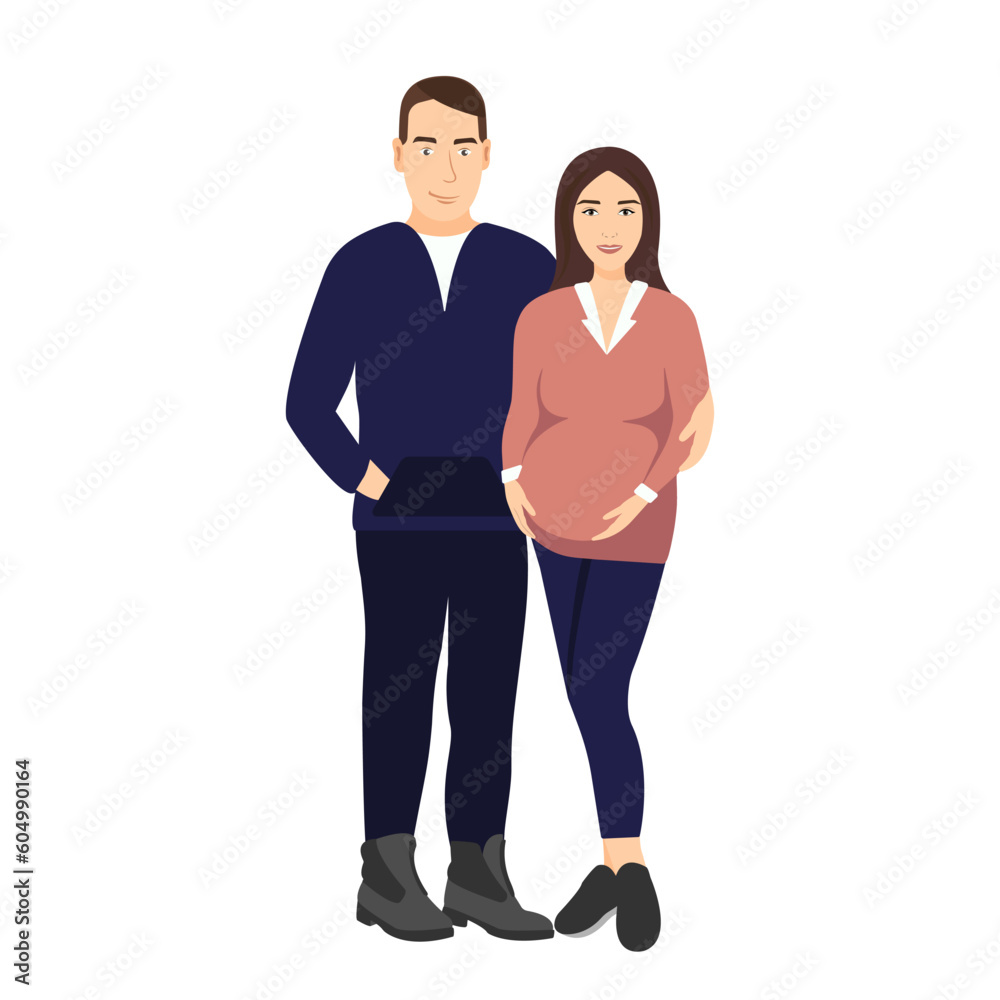 Fototapeta premium Happy relationship and pregnancy concept. Cartoon couple man and pregnant woman standing and hugging. Vector illustration with future parents