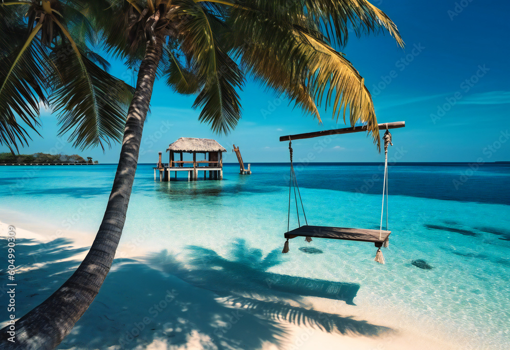 this beach image includes a swinging chair and palm trees