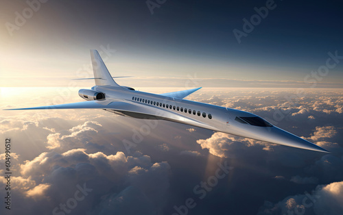 Supersonic commercial airliner jet flying at high altitude and mach speeds above the clouds. Generative AI photo