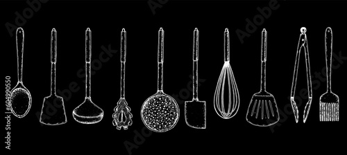 Kitchen, tools, utensil, kitchenware sketch. Hand drawn sketches. Vector illustration. Spatula, ladle, tongs, whisk, slotted spoon, kitchen brush hand drawing illustration.