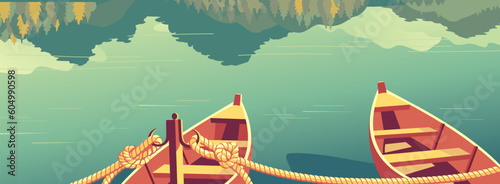 Empty wooden raw boats resting on calm lake vector. Peaceful serene wildlife scenery landscape. Mountain forest reflection on tranquil river water cartoon illustration. Outdoor recreation background