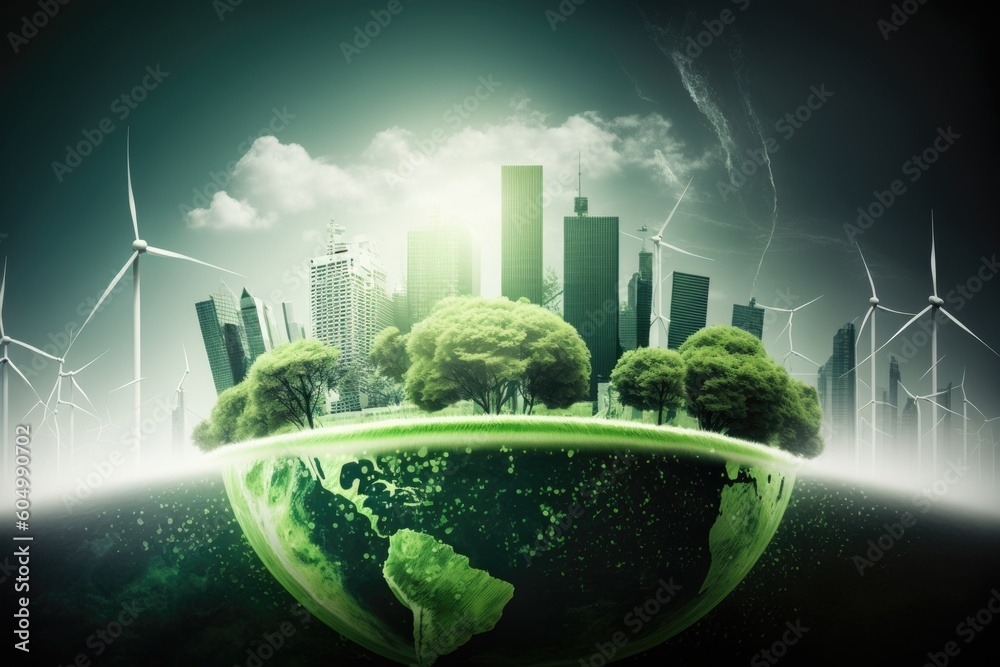 Ecology concept with green city and wind turbines - obrazy, fototapety, plakaty 