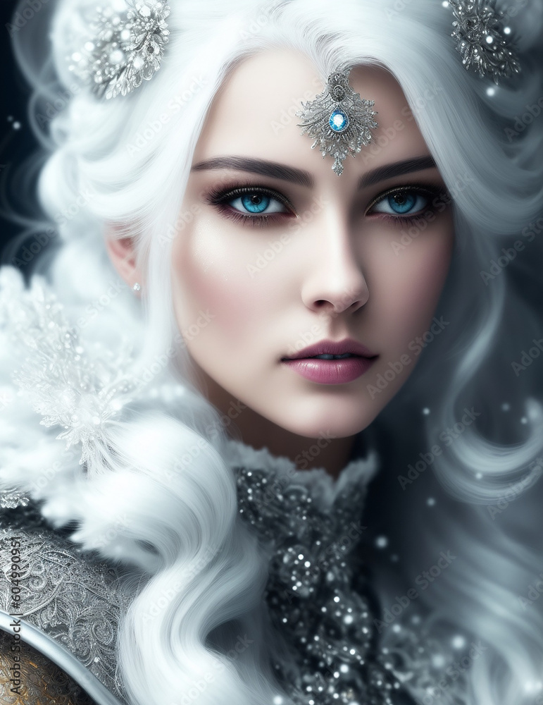 Portrait of a beautiful Ice Queen with white hair and blue eyes, wearing intricate silver clothes and yewelry, Generative AI