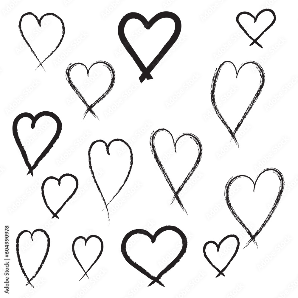 Set of hearts hand drawn with brush vector heart