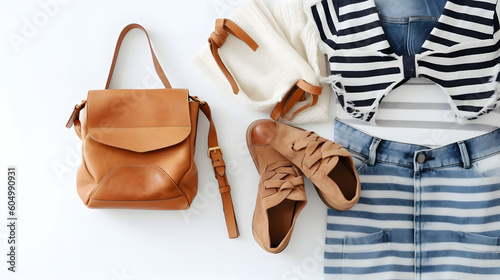 Trendy stylish fashion collage with female clothes and accessories: leather sandals, suede shoulder bag, blue jeans, striped sweater on white background with copyspace. Flat lay, top view