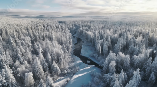 Winter Tapestry: A Serene Aerial View of a Sparse Finnish Forest. Generative AI