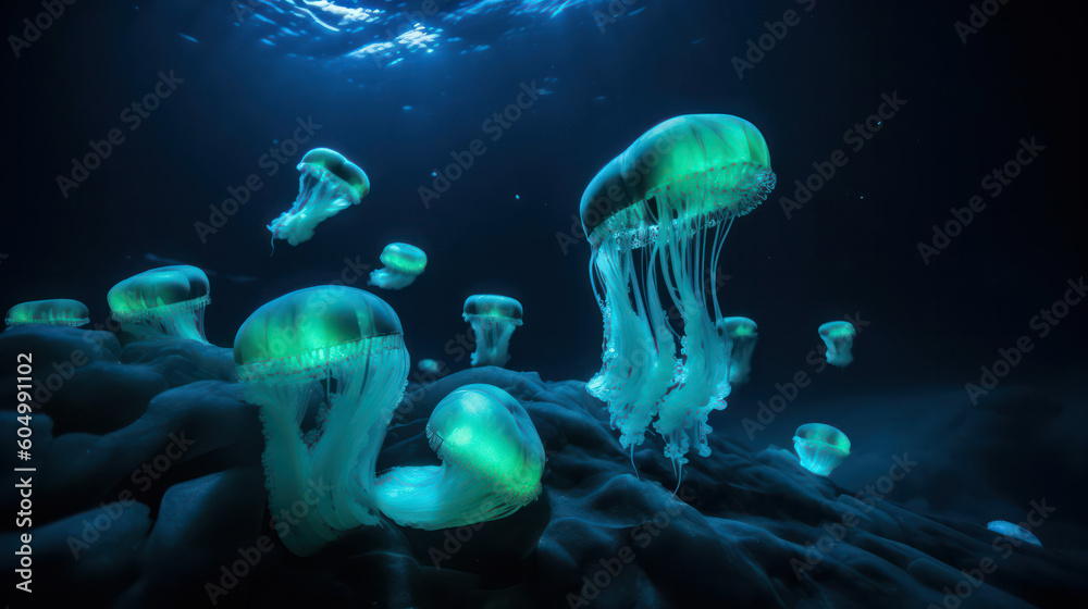 Glowing jellyfish swim deep in the blue sea. Jellyfish neon jellyfish fantasy on black background. Generative AI Glowing jellyfish swim deep in the blue sea. Jellyfish neon jellyfish fantasy on black background. Generative AI