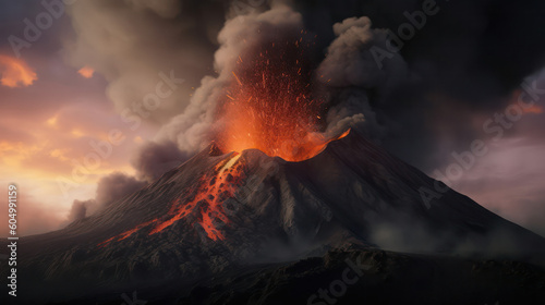 Volcanic eruption ejecting fire, lava and ash. Generative AI