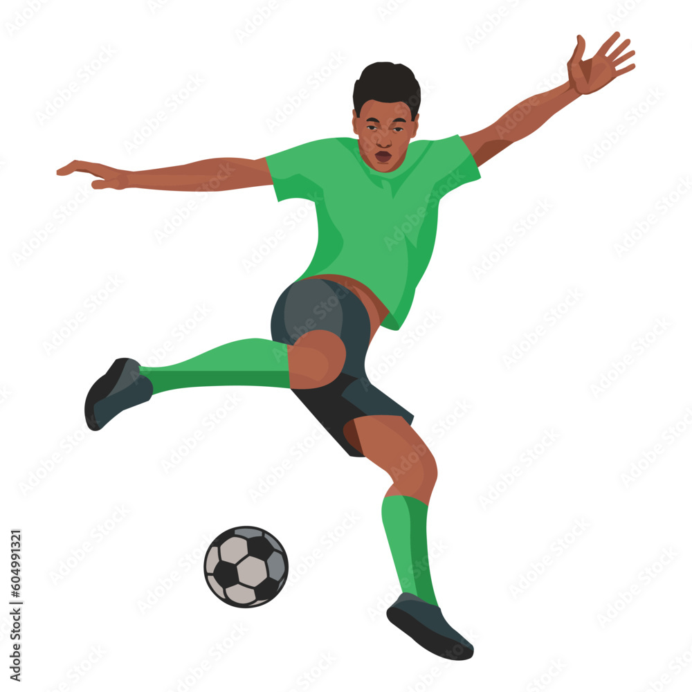 Black football player jumps up, preparing to kick the ball with his foot